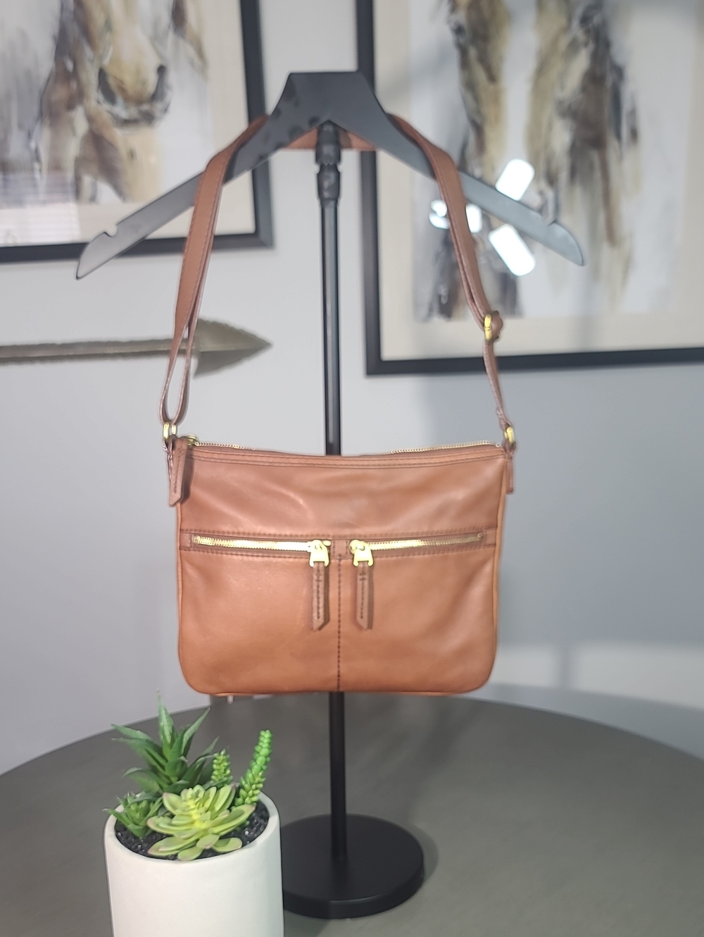 Fossil Pebbled Classic Brown Leather Crossbody Bag - Gold Hardware
